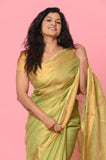 Green-Golden Linen Tissue Handwork Embroidary Saree