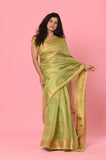 Green-Golden Linen Tissue Handwork Embroidary Saree