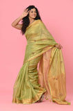 Green-Golden Linen Tissue Handwork Embroidary Saree