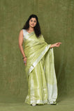 Green-White Linen Tissue Handwork Embroidary Saree