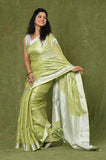 Green-White Linen Tissue Handwork Embroidary Saree