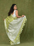 Green-White Linen Tissue Handwork Embroidary Saree