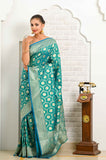 Green Blue Jaal Work Soft Silk Banarasi Saree