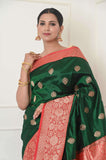 Green Handwoven Katan Silk Banarasi Saree With Red Border