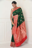 Green Handwoven Katan Silk Banarasi Saree With Red Border