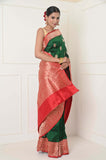 Green Handwoven Katan Silk Banarasi Saree With Red Border