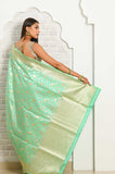 Green Handwoven Uppada Silk Banarasi Saree With Rose Gold Zari Jaal Work