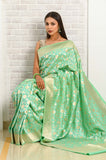 Green Handwoven Uppada Silk Banarasi Saree With Rose Gold Zari Jaal Work