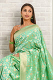 Green Handwoven Uppada Silk Banarasi Saree With Rose Gold Zari Jaal Work