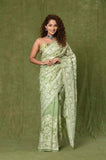 Green Kora Embroidary Jaal Saree with Chanderi Digital Blouse Piece