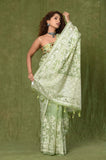 Green Kora Embroidary Jaal Saree with Chanderi Digital Blouse Piece