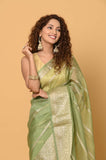 Green Kora Saree with Stripes