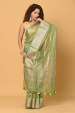 Green Kora Saree with Stripes