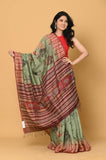 Green Printed Katha Work Tussar Saree