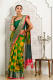 Green Yellow Hand Brushed Banarasi Saree