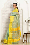 Light Blue Yellow Pure Silk Tissue Chanderi Saree