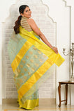 Light Blue Yellow Pure Silk Tissue Chanderi Saree