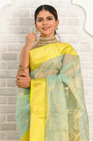 Light Blue Yellow Pure Silk Tissue Chanderi Saree