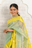 Light Blue Yellow Pure Silk Tissue Chanderi Saree