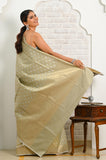 Light Gray Gold White Zari Cotton Silk Banarasi Saree