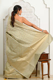 Light Gray Gold White Zari Cotton Silk Banarasi Saree