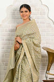 Light Gray Gold White Zari Cotton Silk Banarasi Saree