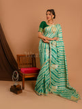 Light Green Lehariya Tussar Saree With Handmade Gota Work