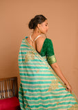 Light Green Lehariya Tussar Saree With Handmade Gota Work