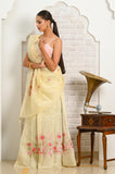 Light Yellow Pink Booti Linen Saree