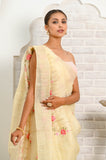 Light Yellow Pink Booti Linen Saree