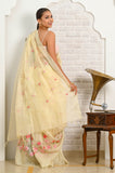 Light Yellow Pink Booti Linen Saree