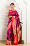 Magenta Handwoven Katan Silk Valkalam Banarasi Saree