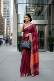 Maroon Linen Saree with Orange silver border and Pallu