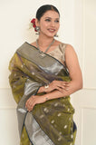 Mehendi green Pure Silk Handwoven Chanderi Saree with Silver Zari