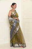 Mehendi green Pure Silk Handwoven Chanderi Saree with Silver Zari