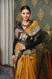 Mustard-Black Pure Tussar Ghicha Prined Saree With Elephant Border