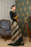 Mustard-Black Pure Tussar Ghicha Prined Saree With Elephant Border