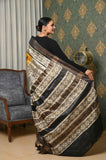 Mustard-Black Pure Tussar Ghicha Prined Saree With Elephant Border