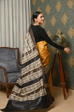 Mustard-Black Pure Tussar Ghicha Prined Saree With Elephant Border