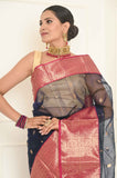 Navy Blue Pure Silk Handwoven Chanderi Saree with Nakshi Heavy Border