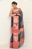 Navy Blue Pure Silk Handwoven Chanderi Saree with Nakshi Heavy Border