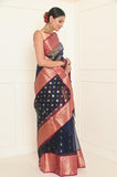 Navy Blue Pure Silk Handwoven Chanderi Saree with Nakshi Heavy Border