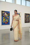 Off-White Linen Saree with Golden Border