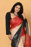 Off-White Red Black Pure Tussar Ghicha Printed Saree