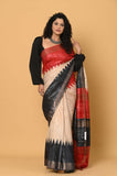 Off-White Red Black Pure Tussar Ghicha Printed Saree