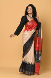 Off-White Red Black Pure Tussar Ghicha Printed Saree