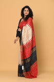 Off-White Red Black Pure Tussar Ghicha Printed Saree