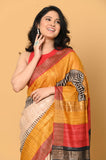 Off-White Yellow Red Pure Tussar Ghicha Printed Saree