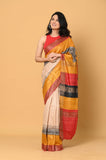 Off-White Yellow Red Pure Tussar Ghicha Printed Saree