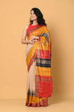 Off-White Yellow Red Pure Tussar Ghicha Printed Saree